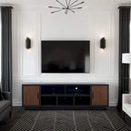 Bridgevine Home Aria 85 inch TV Stand for TVs up to 95 inches, No Assembly Required, Black and Walnut Finish