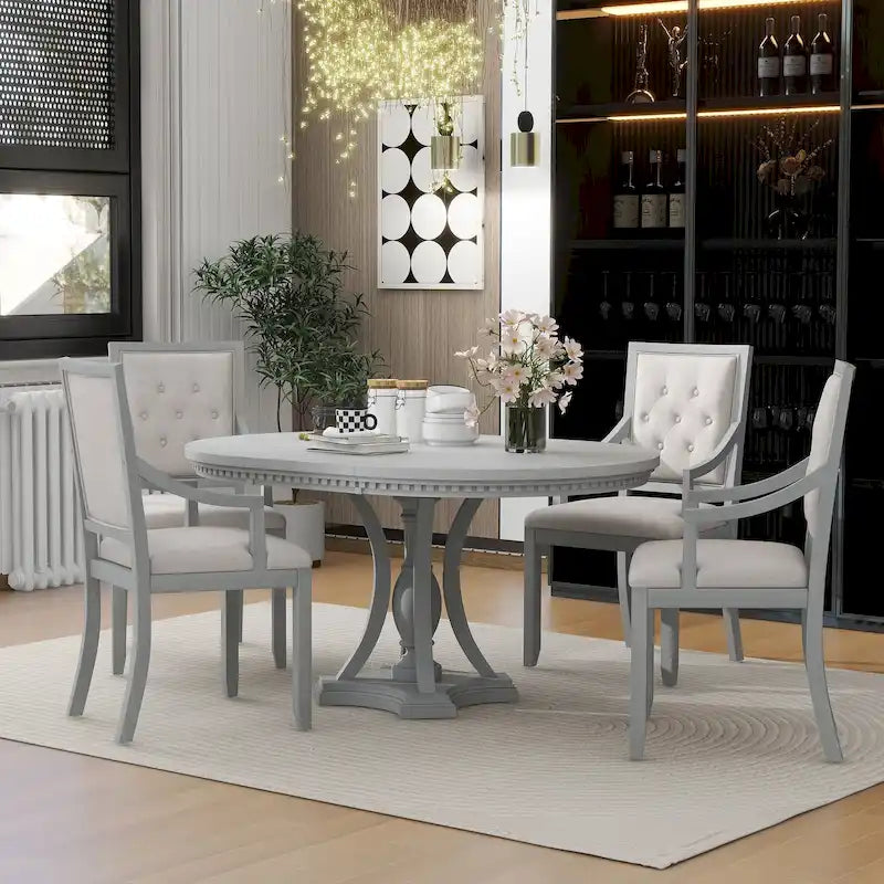 Ensemble de salle à manger 5 pièces en bois gris antique rétro avec table ronde extensible et 4 chaises