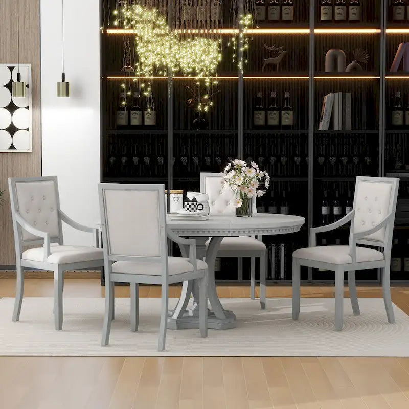 Ensemble de salle à manger 5 pièces en bois gris antique rétro avec table ronde extensible et 4 chaises