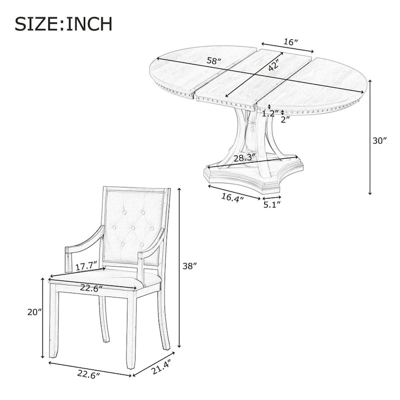 Ensemble de salle à manger 5 pièces en bois gris antique rétro avec table ronde extensible et 4 chaises