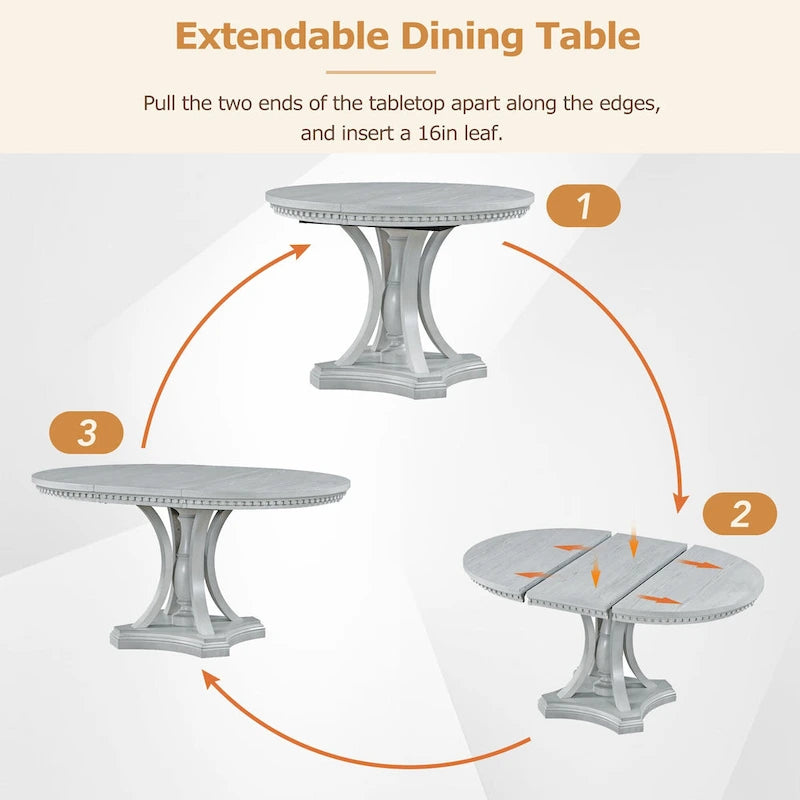 Ensemble de salle à manger 5 pièces en bois gris antique rétro avec table ronde extensible et 4 chaises