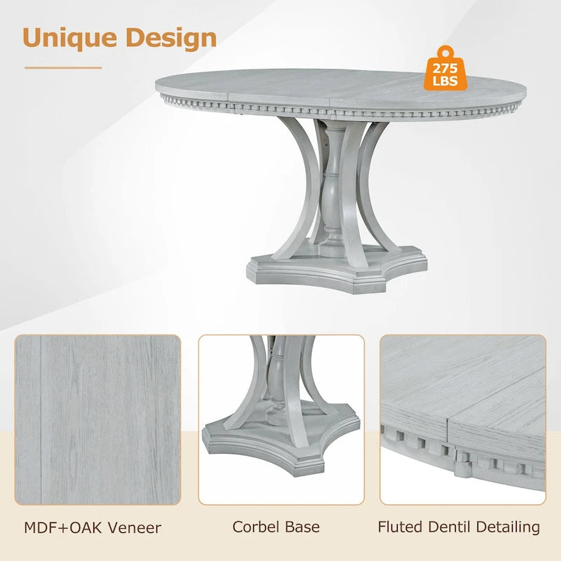 Ensemble de salle à manger 5 pièces en bois gris antique rétro avec table ronde extensible et 4 chaises