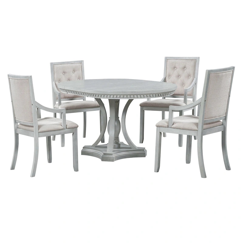 Ensemble de salle à manger 5 pièces en bois gris antique rétro avec table ronde extensible et 4 chaises