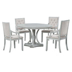 Ensemble de salle à manger 5 pièces en bois gris antique rétro avec table ronde extensible et 4 chaises