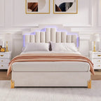 Lit plateforme tapissé beige Queen size avec lumières et tiroirs