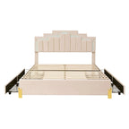 Lit plateforme tapissé beige Queen size avec lumières et tiroirs