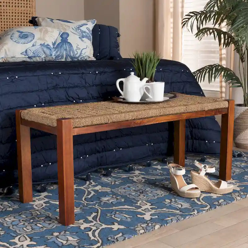 Banc Hermes de style Transitionnel Moderne du Milieu du Siècle en Herbes Marines Naturelles et Bois d'Acajou