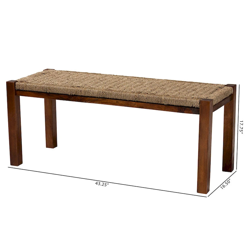 Banc Hermes de style Transitionnel Moderne du Milieu du Siècle en Herbes Marines Naturelles et Bois d'Acajou