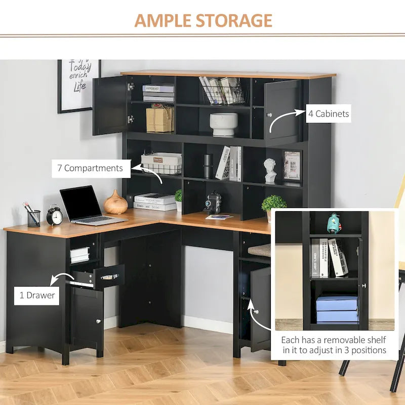 Bureau d'ordinateur d'angle en L avec étagère, poste de travail pour bureau à domicile ou étude
