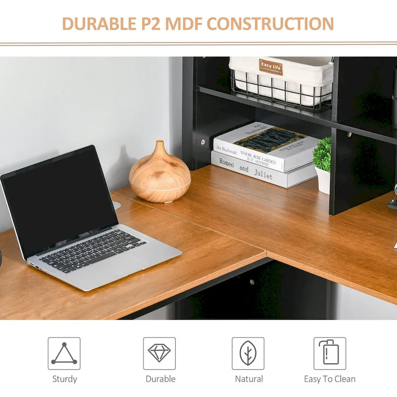 Bureau d'ordinateur d'angle en L avec étagère, poste de travail pour bureau à domicile ou étude