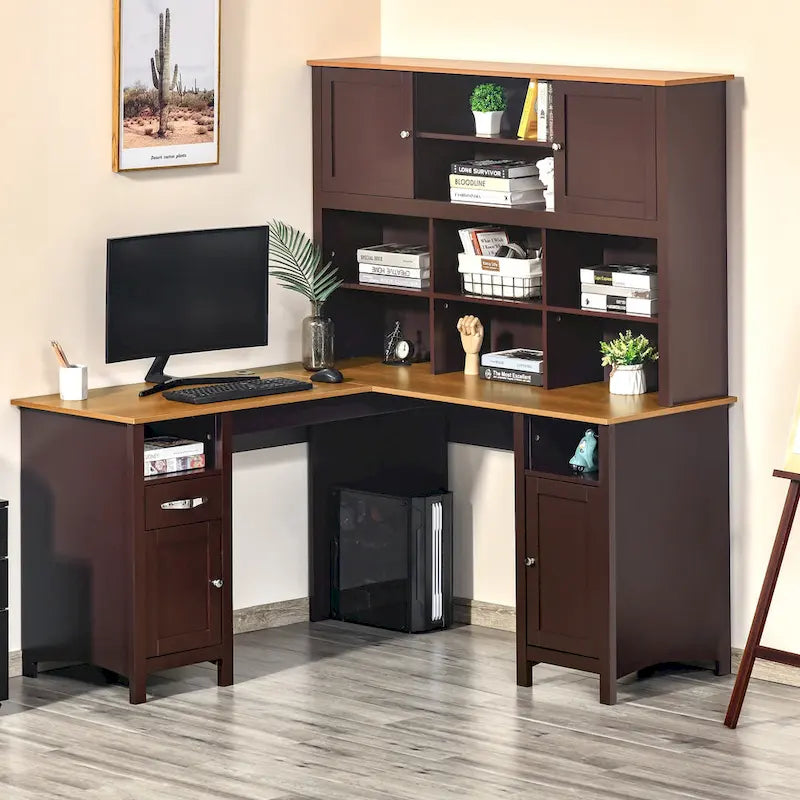Bureau d'ordinateur d'angle en L avec étagère, poste de travail pour bureau à domicile ou étude