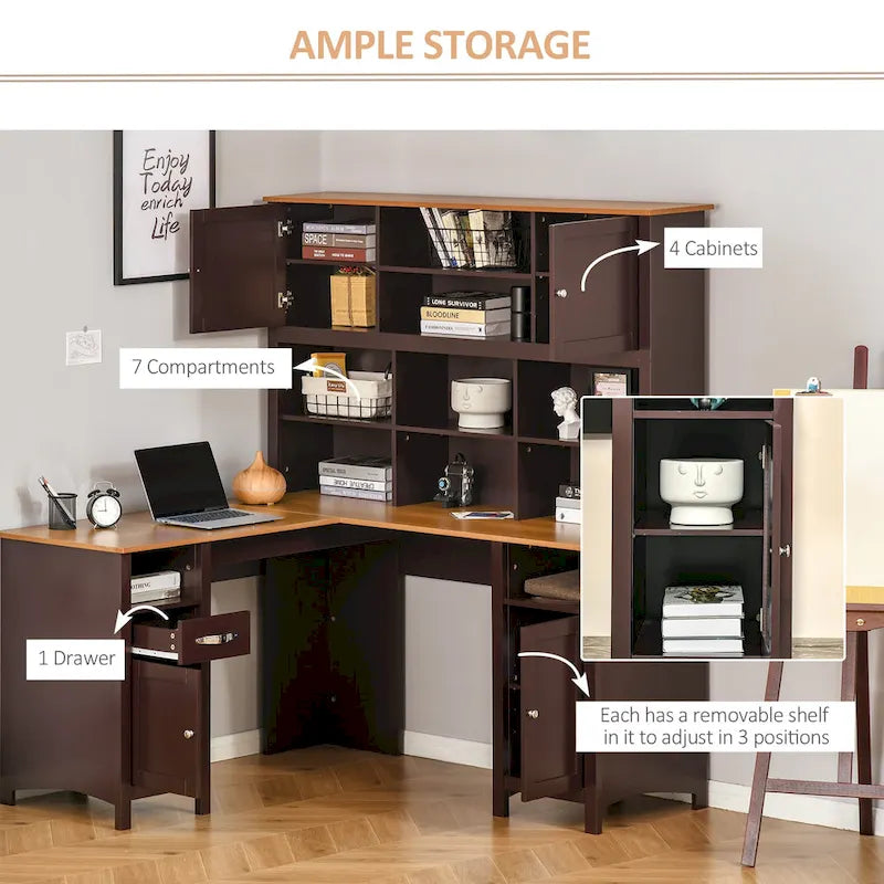 Bureau d'ordinateur d'angle en L avec étagère, poste de travail pour bureau à domicile ou étude