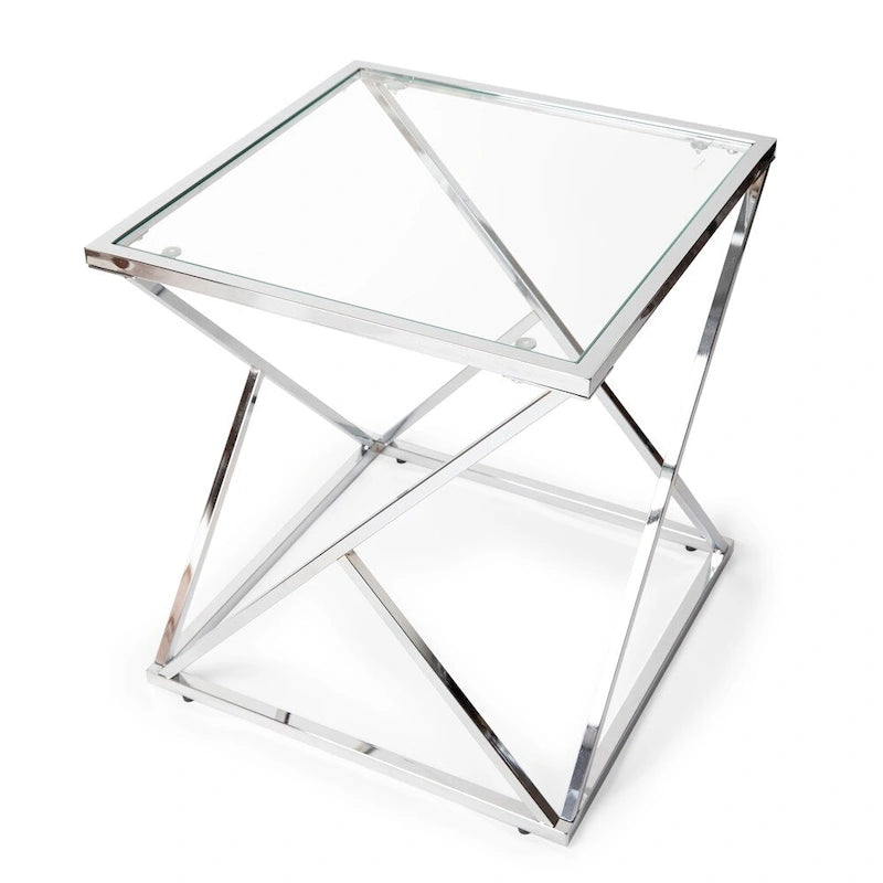 Table d'appoint carrée à plateau en verre clair et base en chrome poli