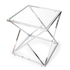 Table d'appoint carrée à plateau en verre clair et base en chrome poli