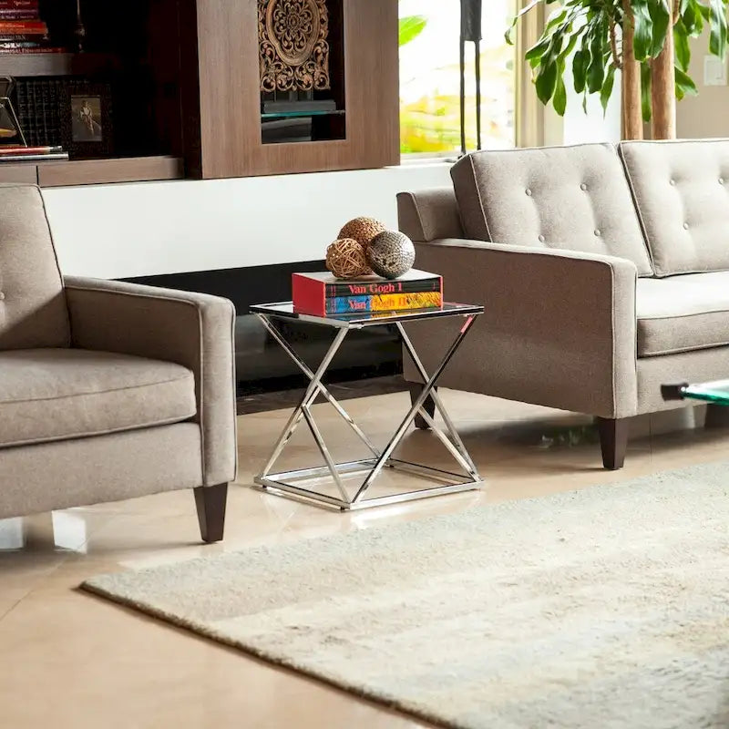 Table d'appoint carrée à plateau en verre clair et base en chrome poli