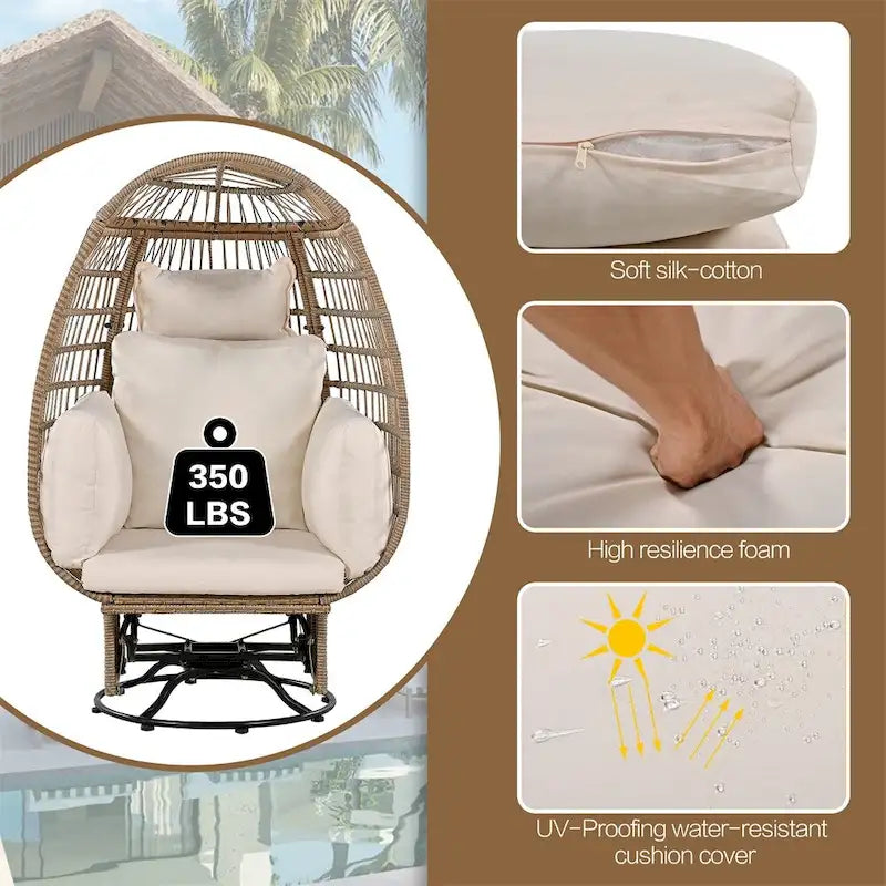 Fauteuil pivotant de jardin en rotin en forme d'œuf avec coussins et fonction à bascule