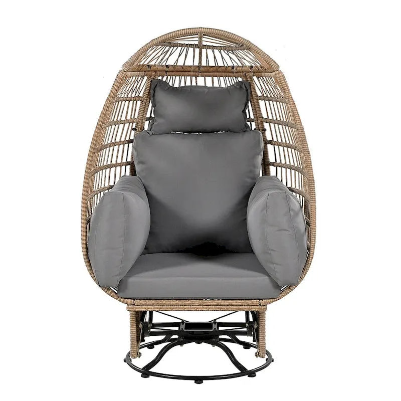 Fauteuil pivotant de jardin en rotin en forme d'œuf avec coussins et fonction à bascule