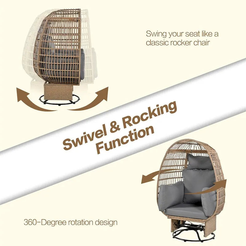 Fauteuil pivotant de jardin en rotin en forme d'œuf avec coussins et fonction à bascule