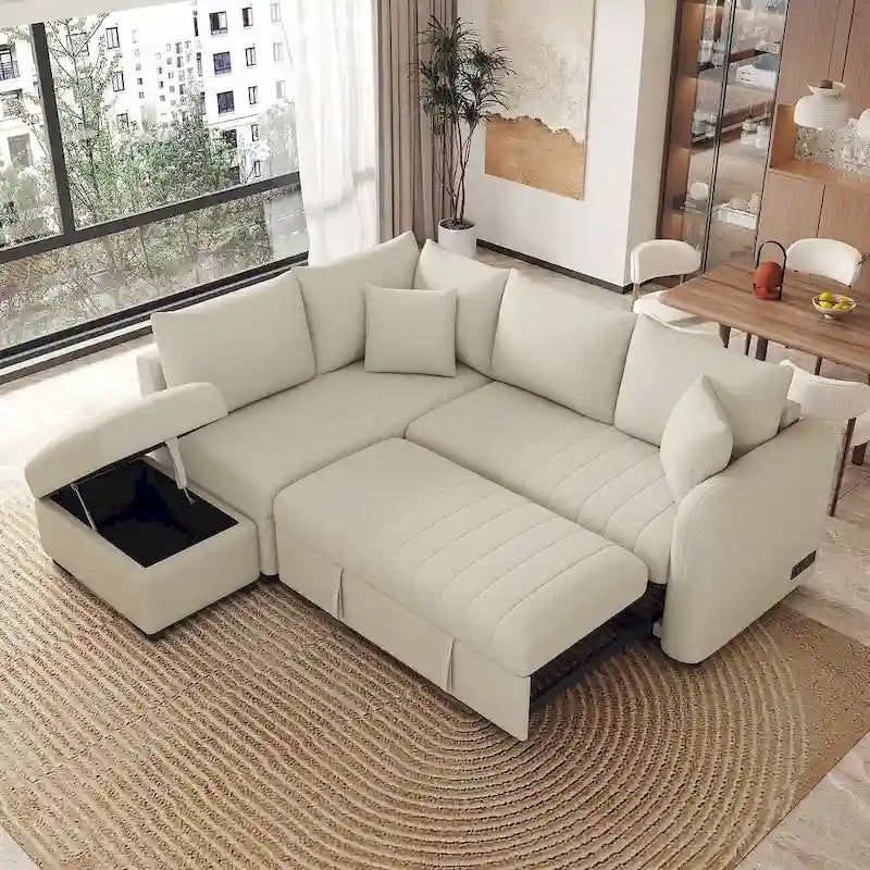 Canapé d'angle convertible rembourré avec pouf de rangement mobile, canapé-lit escamotable en forme de L