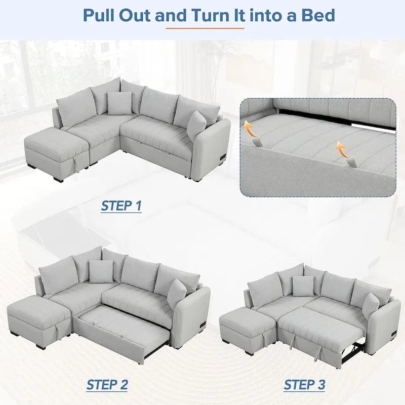 Canapé d'angle convertible rembourré avec pouf de rangement mobile, canapé-lit escamotable en forme de L