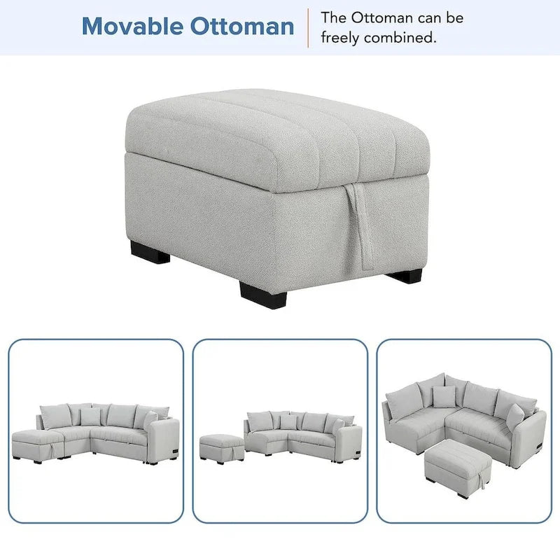 Canapé d'angle convertible rembourré avec pouf de rangement mobile, canapé-lit escamotable en forme de L