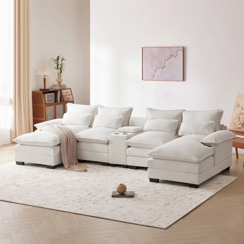 Canapé d'angle en U 123*55 avec console, porte-gobelets et ports USB, ensemble de canapés-lits symétriques rembourrés à 6 places avec méridienne