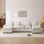 Canapé d'angle en U 123*55 avec console, porte-gobelets et ports USB, ensemble de canapés-lits symétriques rembourrés à 6 places avec méridienne