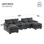 Canapé d'angle en U 123*55 avec console, porte-gobelets et ports USB, ensemble de canapés-lits symétriques rembourrés à 6 places avec méridienne