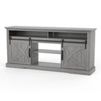 Meuble TV coulissant gris 68 po avec compartiment de rangement ouvert