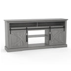 Meuble TV coulissant gris 68 po avec compartiment de rangement ouvert
