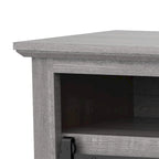 Meuble TV coulissant gris 68 po avec compartiment de rangement ouvert