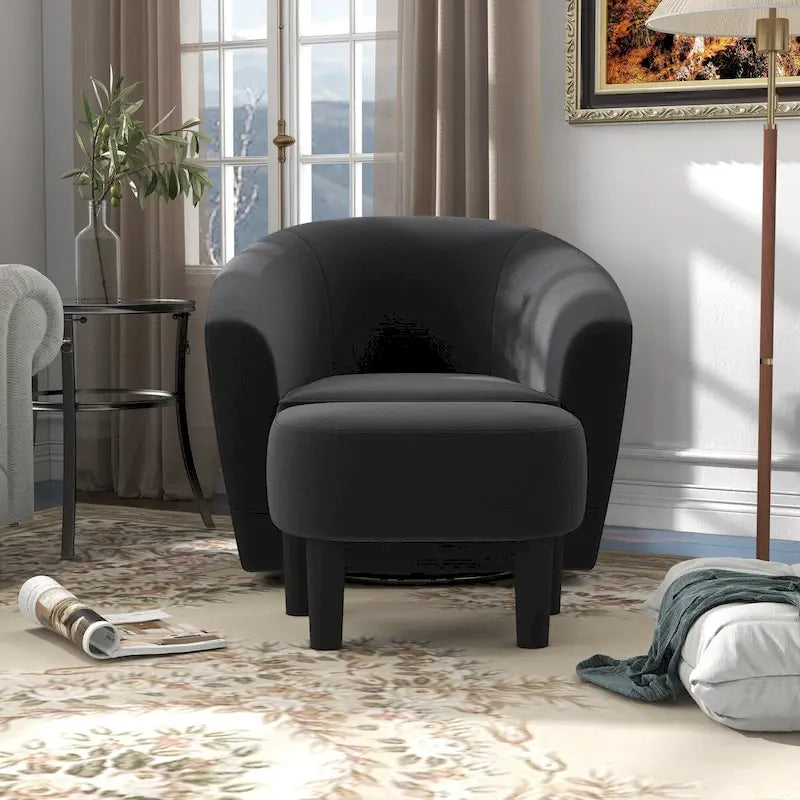 Fauteuil d'appoint pivotant avec pouf, Fauteuil club rond pivotant à 360 degrés en velours confortable pour chambre à coucher, salle de lecture
