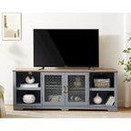 Meuble TV moderne, grande console de divertissement, pour téléviseur jusqu'à 80 pouces, avec étagères ouvertes et armoires à portes vitrées