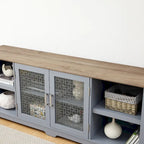 Meuble TV moderne, grande console de divertissement, pour téléviseur jusqu'à 80 pouces, avec étagères ouvertes et armoires à portes vitrées