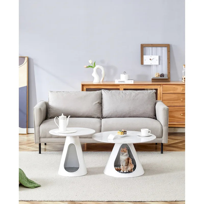 Tables basses rondes avec plateau effet marbre et piètement en acier avec couchages pour chats - Multifonctionnelles