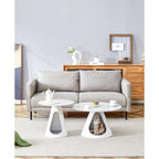 Tables basses rondes avec plateau effet marbre et piètement en acier avec couchages pour chats - Multifonctionnelles