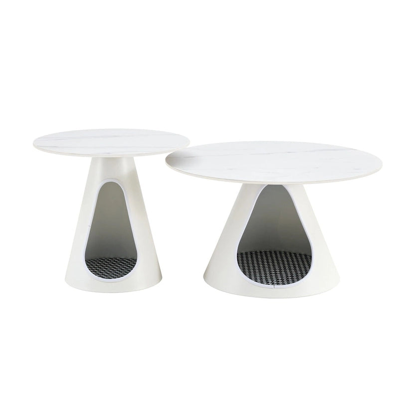 Tables basses rondes avec plateau effet marbre et piètement en acier avec couchages pour chats - Multifonctionnelles