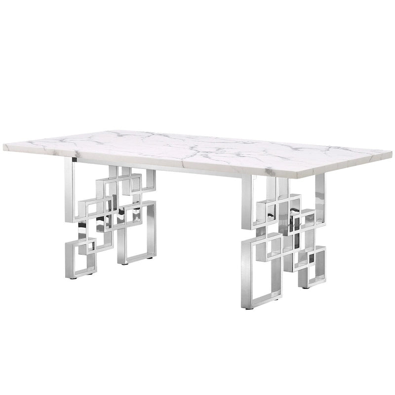 Table à manger de luxe en faux marbre blanc avec plateau de 78 pouces et base en métal