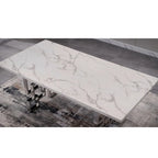 Table à manger de luxe en faux marbre blanc avec plateau de 78 pouces et base en métal