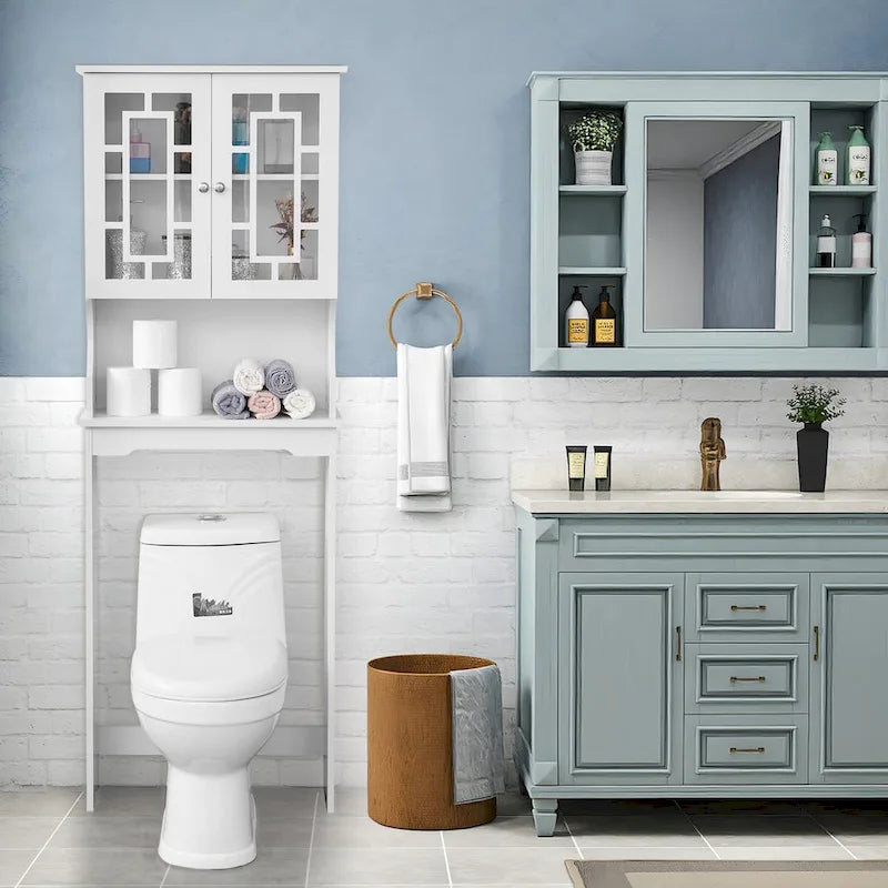 Meuble de rangement de salle de bain au-dessus des toilettes avec 2 portes vitrées et étagère réglable