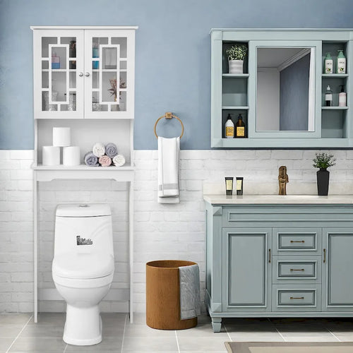 Meuble de rangement de salle de bain au-dessus des toilettes avec 2 portes vitrées et étagère réglable