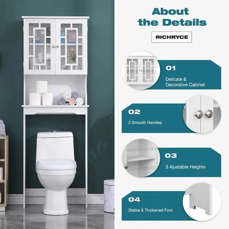 Meuble de rangement de salle de bain au-dessus des toilettes avec 2 portes vitrées et étagère réglable